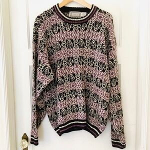 Vintage Men's Fair Isle By Concrete Mix Sweater Black Purple Cream L Colorful